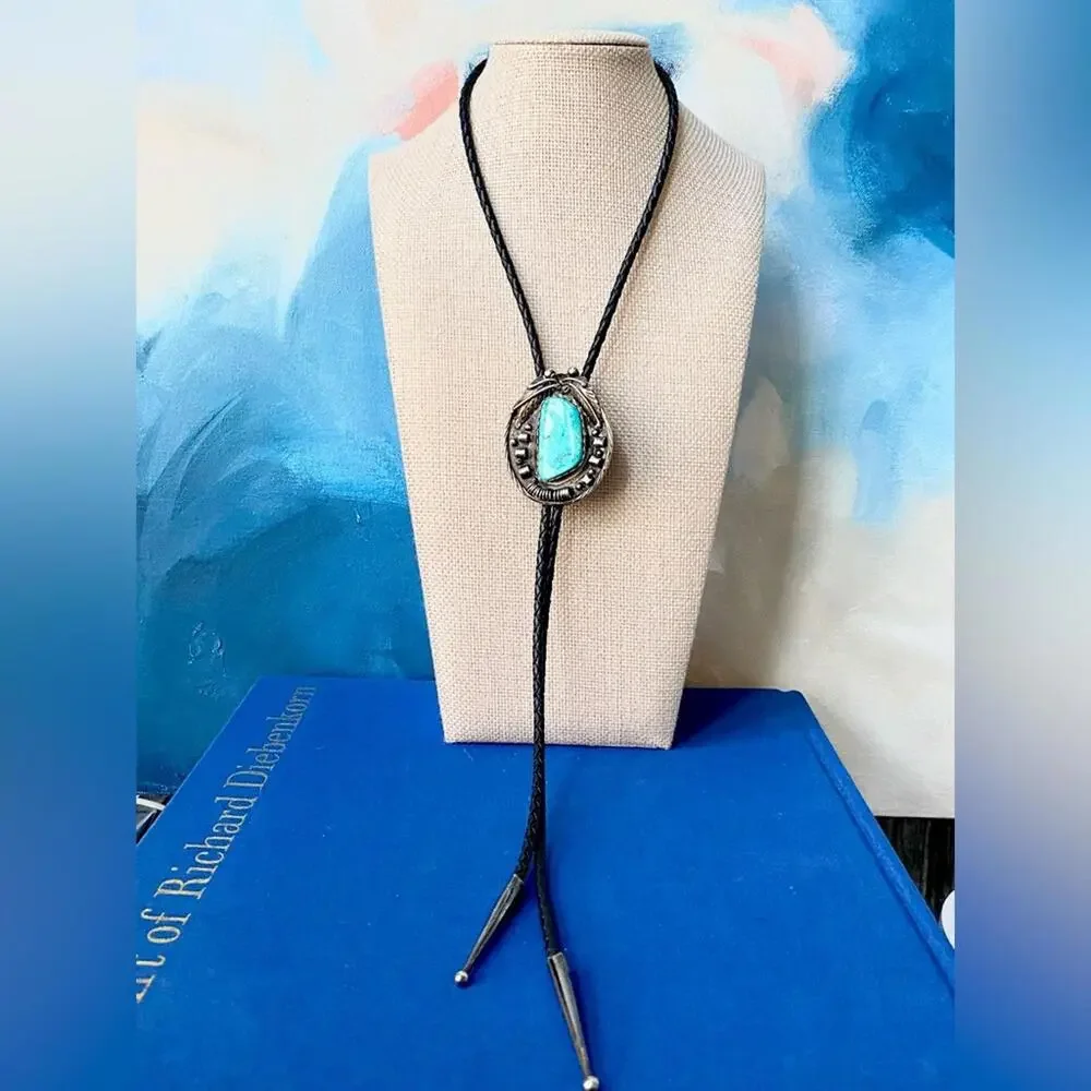 🚫SOLD OUT🚫 Vintage Turquoise Bolo Tie Signed SW |Silver |Bennett Patent - Picture 9 of 9